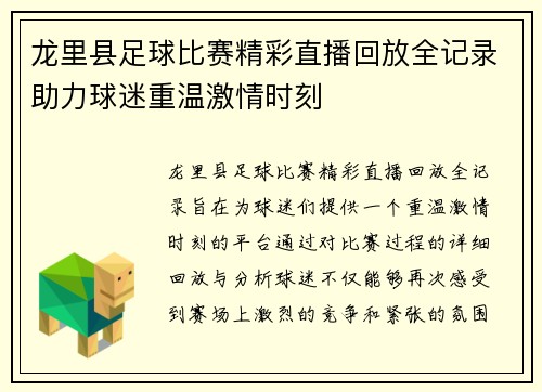 龙里县足球比赛精彩直播回放全记录助力球迷重温激情时刻
