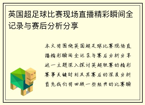 英国超足球比赛现场直播精彩瞬间全记录与赛后分析分享
