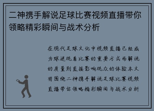 二神携手解说足球比赛视频直播带你领略精彩瞬间与战术分析